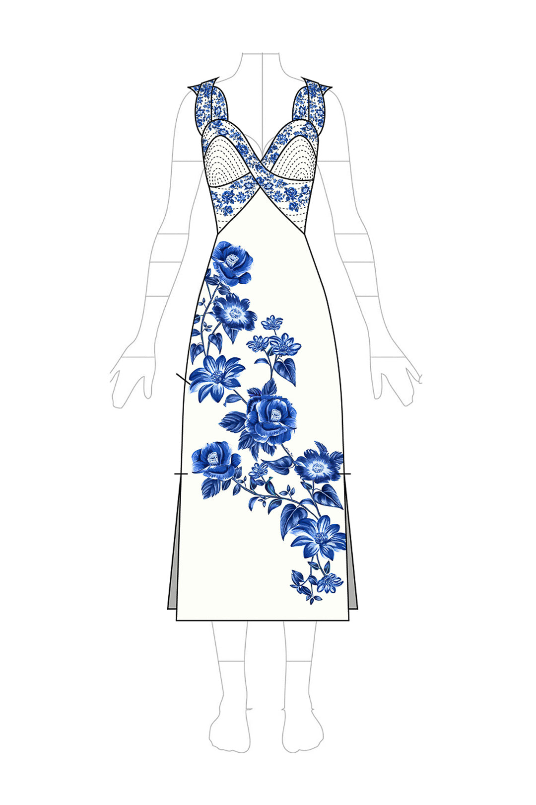 Blue Floral Cascade Off White Wavy Sleeveless Midid Dress