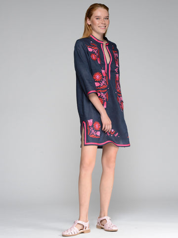 Viagallo Navy Caftan Style Dress With Pink Floral Design