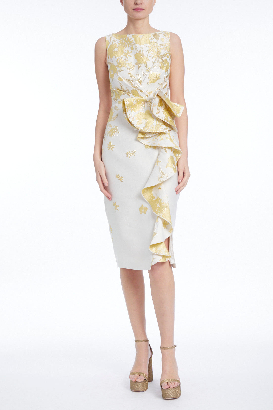 Badgley Mischka Women's Metallic Brocade Ruffled Sheath Dress - Yellow Multi - Size 6 Badgley Mischka Women's Metallic Brocade Ruffled Sheath Dress - Yellow Multi - Size 6