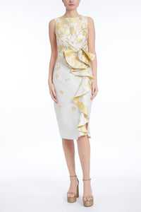 Yellow and ivory floral brocade dress by Badgley Mischka.