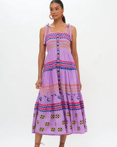 Purple midi dress with self tie straps and multicolor stitching by Oliphant.