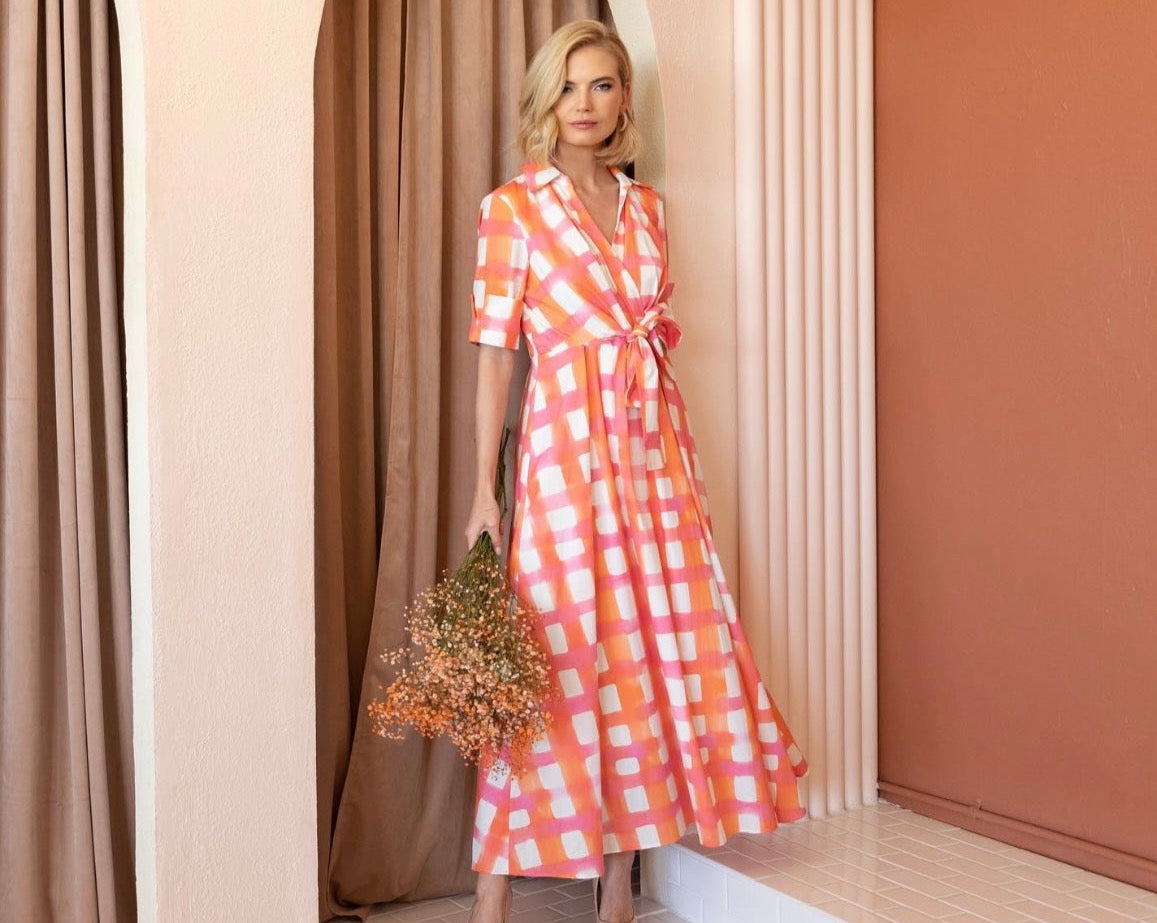 Pink and orange plaid dress by Eva Franco.
