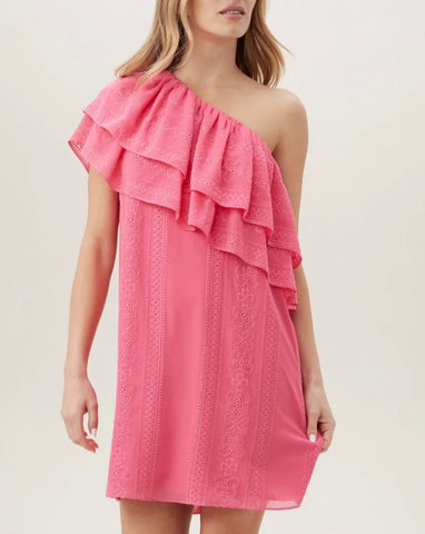 Pink eyelet one shoulder shift dress by Trina Turk.
