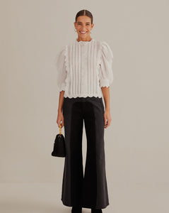 Off White Short Sleeve Pleated Blouse