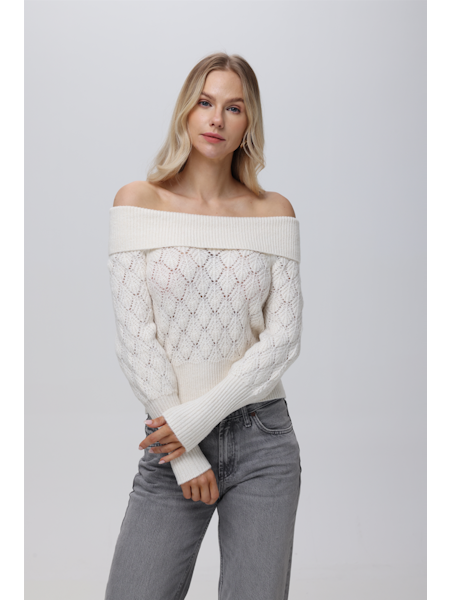 Off Shoulder Fem Stitch Pullover-Sea Salt
