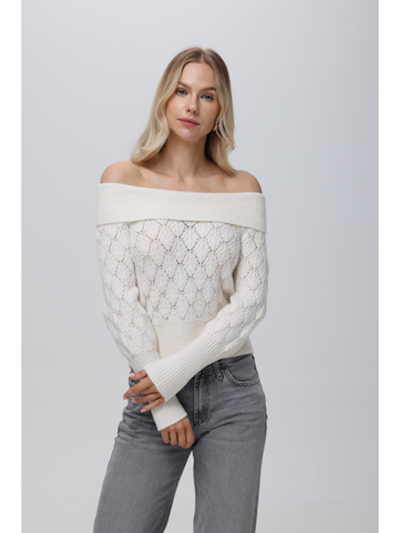 Off Shoulder Fem Stitch Pullover-Sea Salt