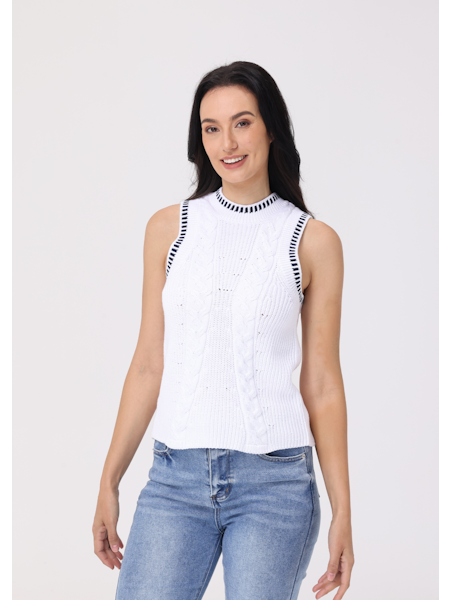 Cable Neck Tank Sweater-White With Dark Blue Detailing