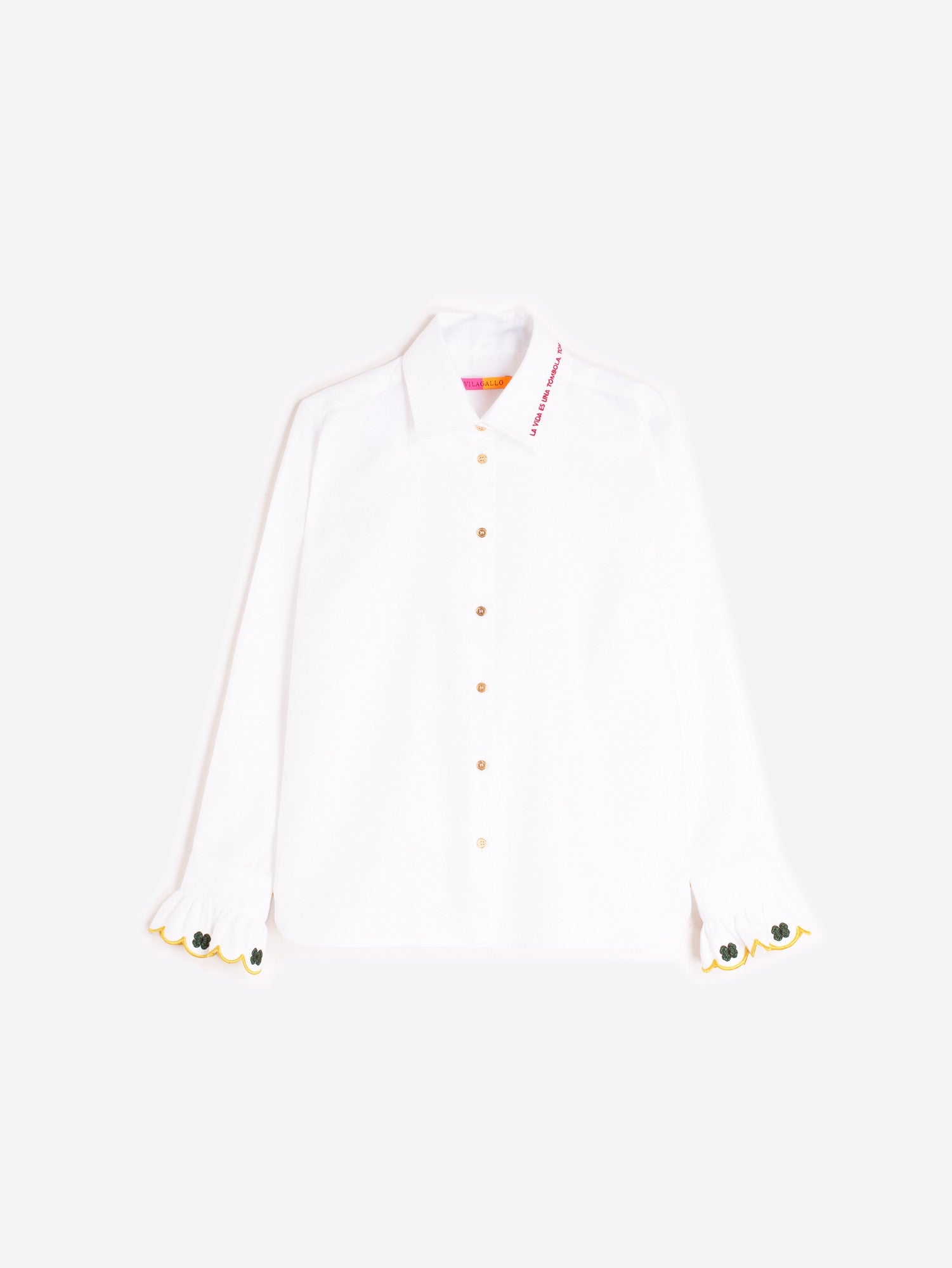 White Shirt With Frilled Cuffs and Clover - Vilagallo
