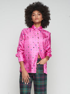 Pink Silk Shirt Equestrian Print - Vilagallo