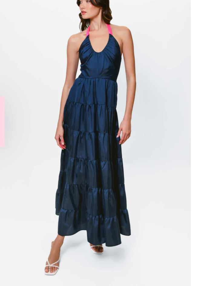 Navy Halter Neck Tiered Maxi Dress - HUTCH