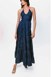 Navy Halter Neck Tiered Maxi Dress - HUTCH
