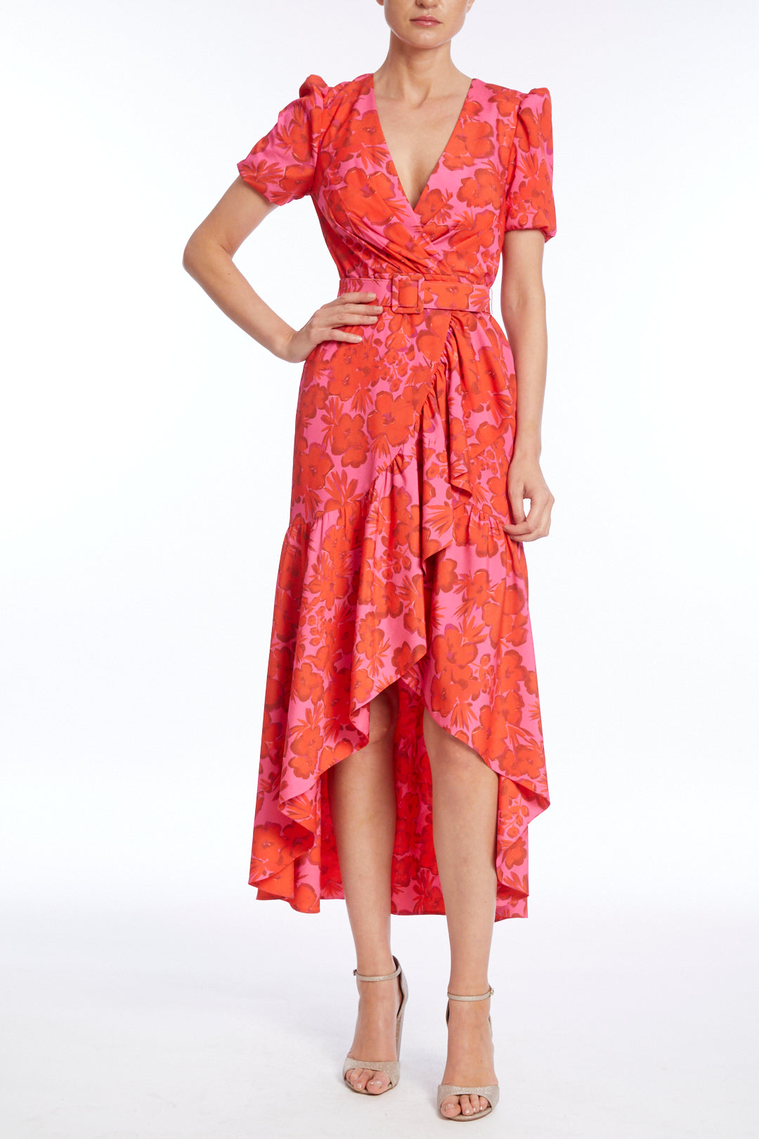 Beautiful pink & red floral flounce dress by Badgley Mischka.