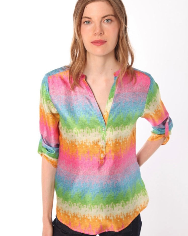 Rainbow colored silk blouse by Vilagallo.