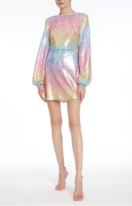 Rainbow sequin dress with cutout detail on the side. V back. One33S Social.