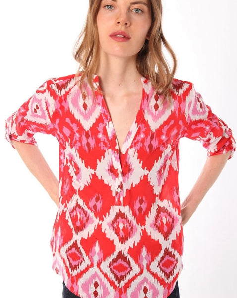 Pink & red ikat design. 100% cotton blouse by Vilagallo.