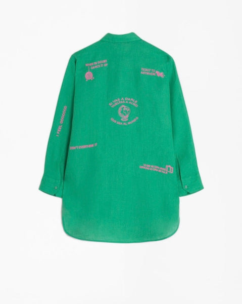 Kelly Green Linen top with pink embroidered phrases. 100% Linen by Vilagallo.