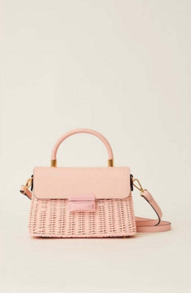 Pink wicker shoulder bag.